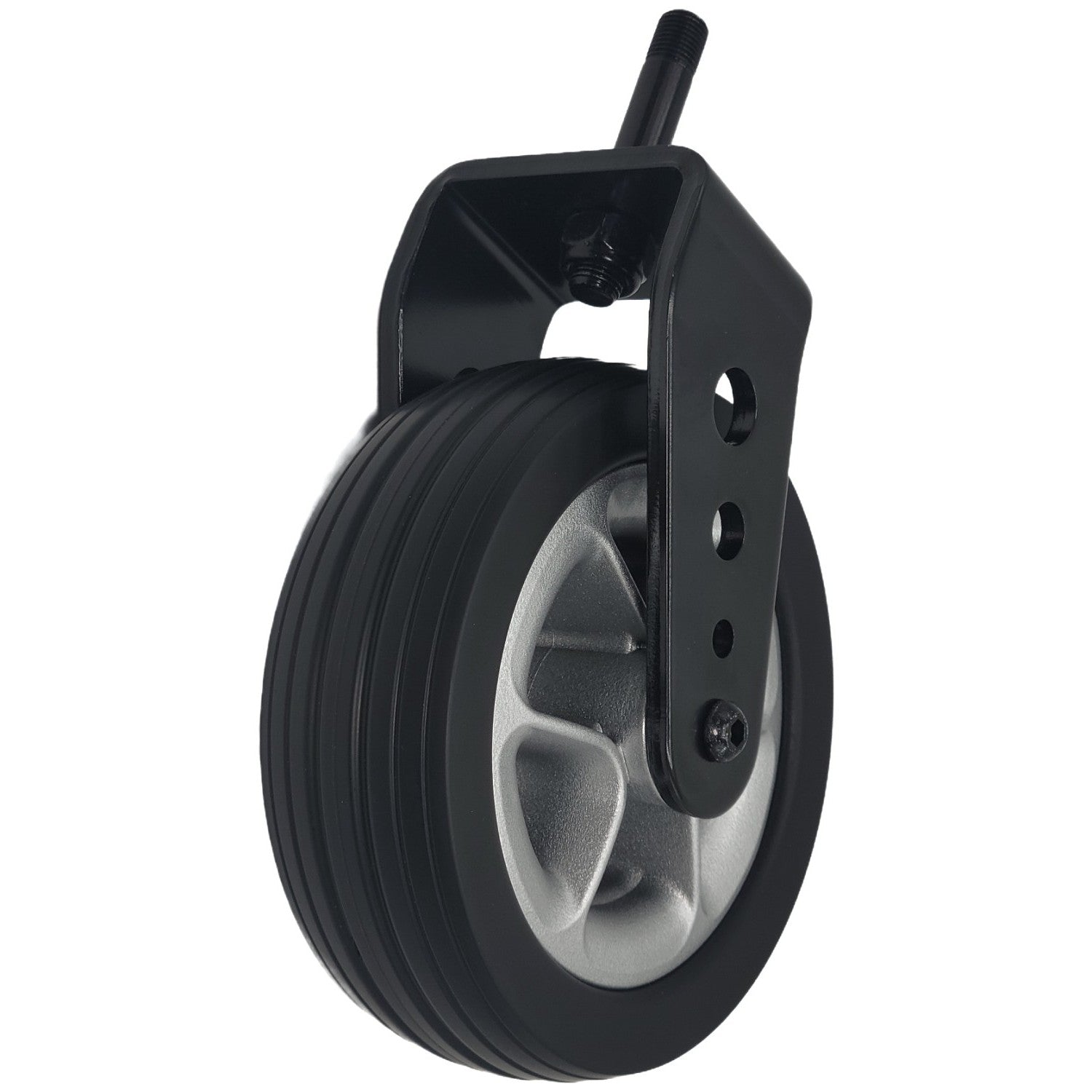 Angled view of the Front Caster Wheel Fork Assembly for New Regal EZ Power Wheelchair showing black tread on stylish chrome wheel.