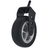 Angled view of the Front Caster Wheel Fork Assembly for New Regal EZ Power Wheelchair showing black tread on stylish chrome wheel.