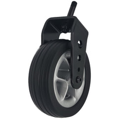 Angled view of the Front Caster Wheel Fork Assembly for New Regal EZ Power Wheelchair showing black tread on stylish chrome wheel.