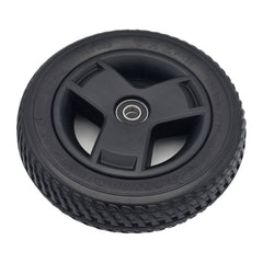 Close up view of the replacement 8 x 2 Front Wheel Assembly for the Pride Go Go Endurance AL+ Electric Scooter features a Pr1mo Powertrax non-marking black tire (P-125 tread) and 3 spoke rim.