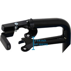 Close up view of the Invacare Swing Away Hemi Footrests with Heel Loop with Aluminum Footplate showing the cam lock