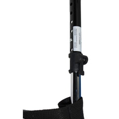 Angled view of the Invacare Swing Away Hemi Footrests with Heel Loop with Aluminum Footplate showing the push button lock