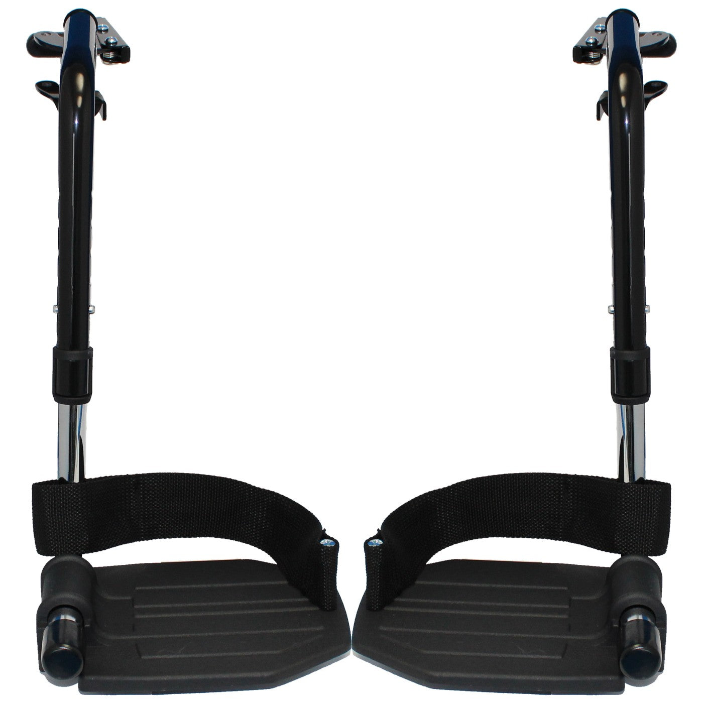 Front view of the Invacare Swing Away Hemi Footrests with Heel Loop with Aluminum Footplate shown in black