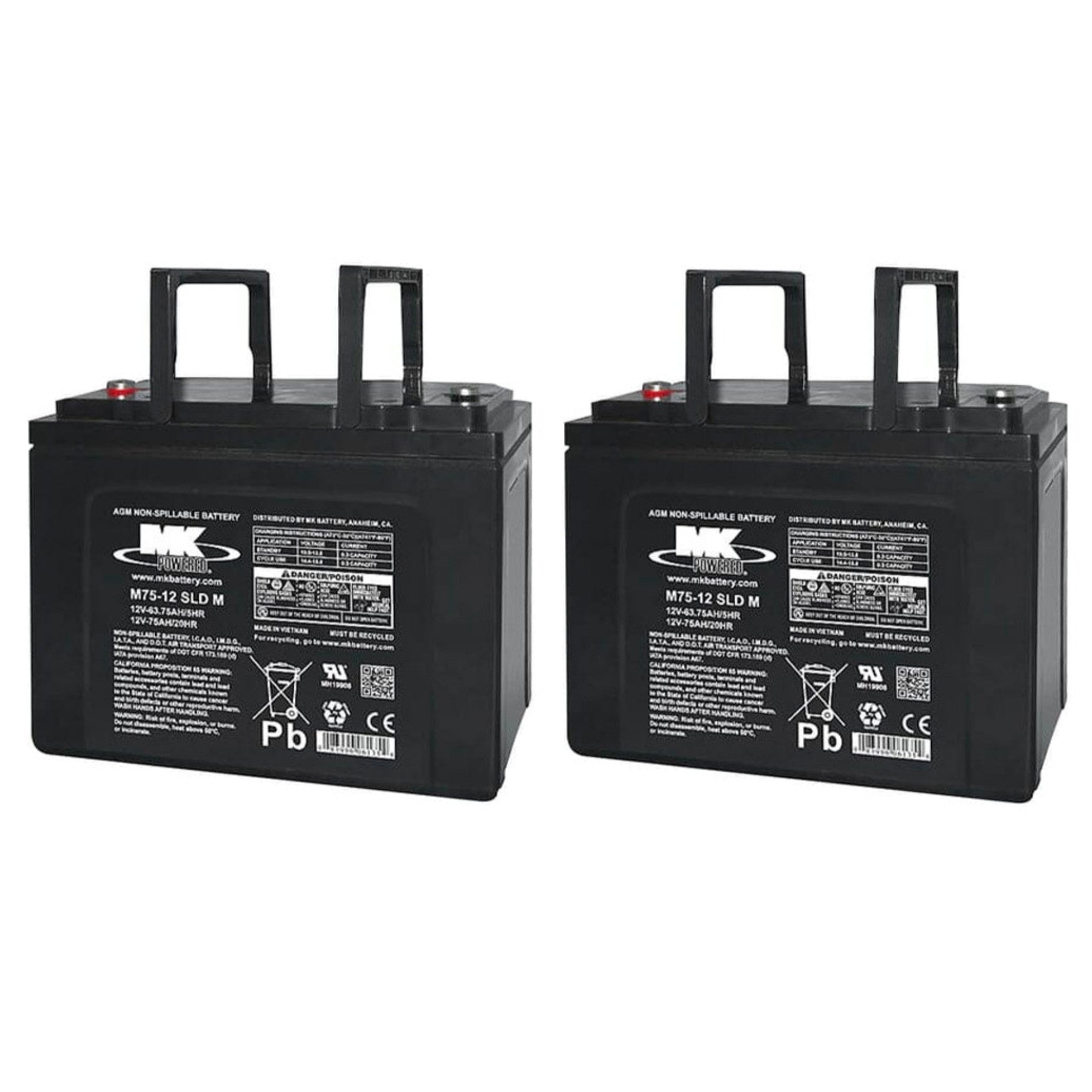 Replacement MK M75-12 SLD M (75 Ah) 12v AGM Wheelchair and Scooter Battery.