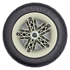 Back side view of the 10.75x3.6 Rear Drive Wheel Assembly for Pride Maxima 4-Wheel Electric Scooter with Black Pr1mo 10.75 x 3.6 tire with P-124 tread