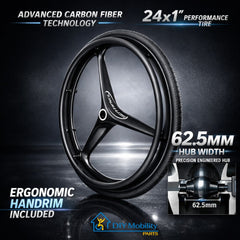 24 x 1 in. Sentinel Carbon Fiber Ultralight Wheelchair Wheel with 1/2 in. Axle Bearing