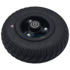 Angled view of the Black 2.80/2.50-4 Primo Durotrap caster wheel designed for Pride Quantum Power Wheelchairs, including Quantum R-TRAK and Quantum 4FRONT models. C-9210F Durable replacement caster wheel assembly for smooth, reliable performance. Pride WHL1703592