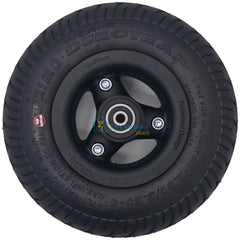Side view of the Black 2.80/2.50-4 Primo Durotrap caster wheel designed for Pride Quantum Power Wheelchairs, including Quantum R-TRAK and Quantum 4FRONT models. Durable replacement caster wheel assembly for smooth, reliable performance. Pride WHL1703592