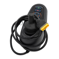 Top view of the PG Drives Technology D51427.01 nVR2 JSM joystick module for power wheelchairs. Yellow 4 pin connector shown.