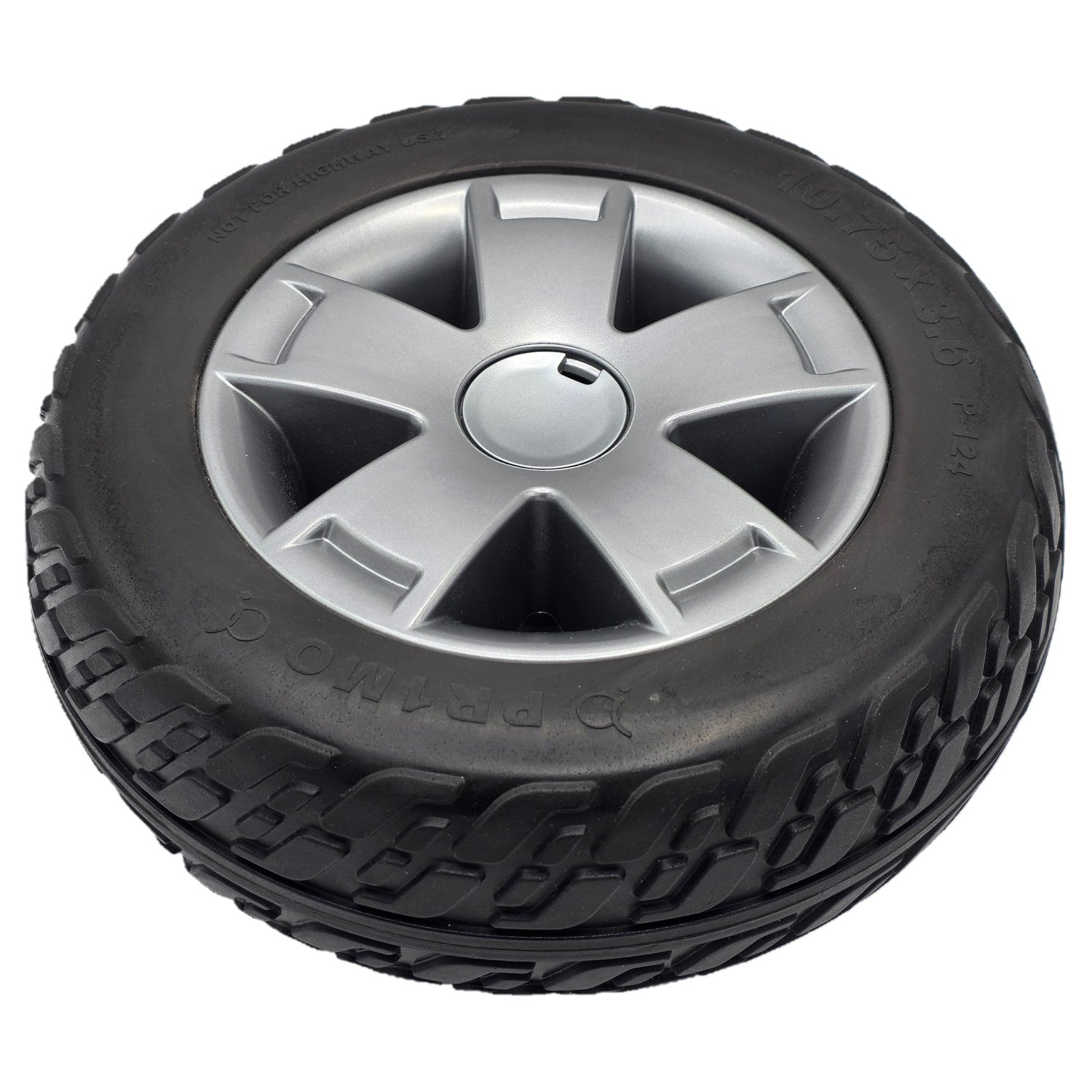 Angled view of the replacement 10.75 x 3.6 in. Rear Drive Wheel For Pride Victory 10.2 and Victory LX Sport Mobility Scooter features a black Primo tire, silver spoke rim and comes assembled for easy installation.