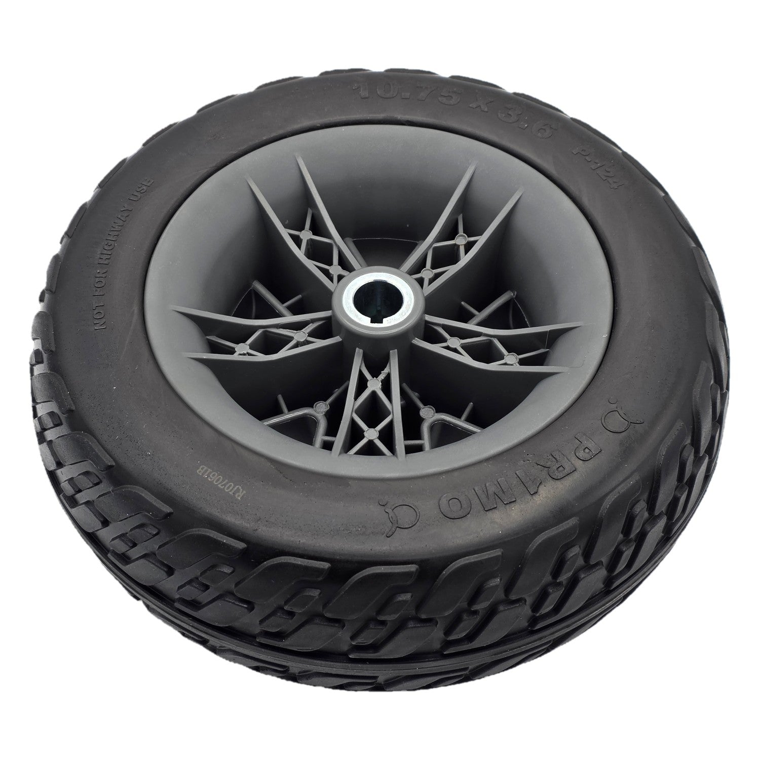 Back view of the replacement 10.75 x 3.6 in. Rear Drive Wheel For Pride Victory 10.2 and Victory LX Sport Mobility Scooter features a black Pr1mo tire, dark silver spoke rim and comes assembled for easy installation.