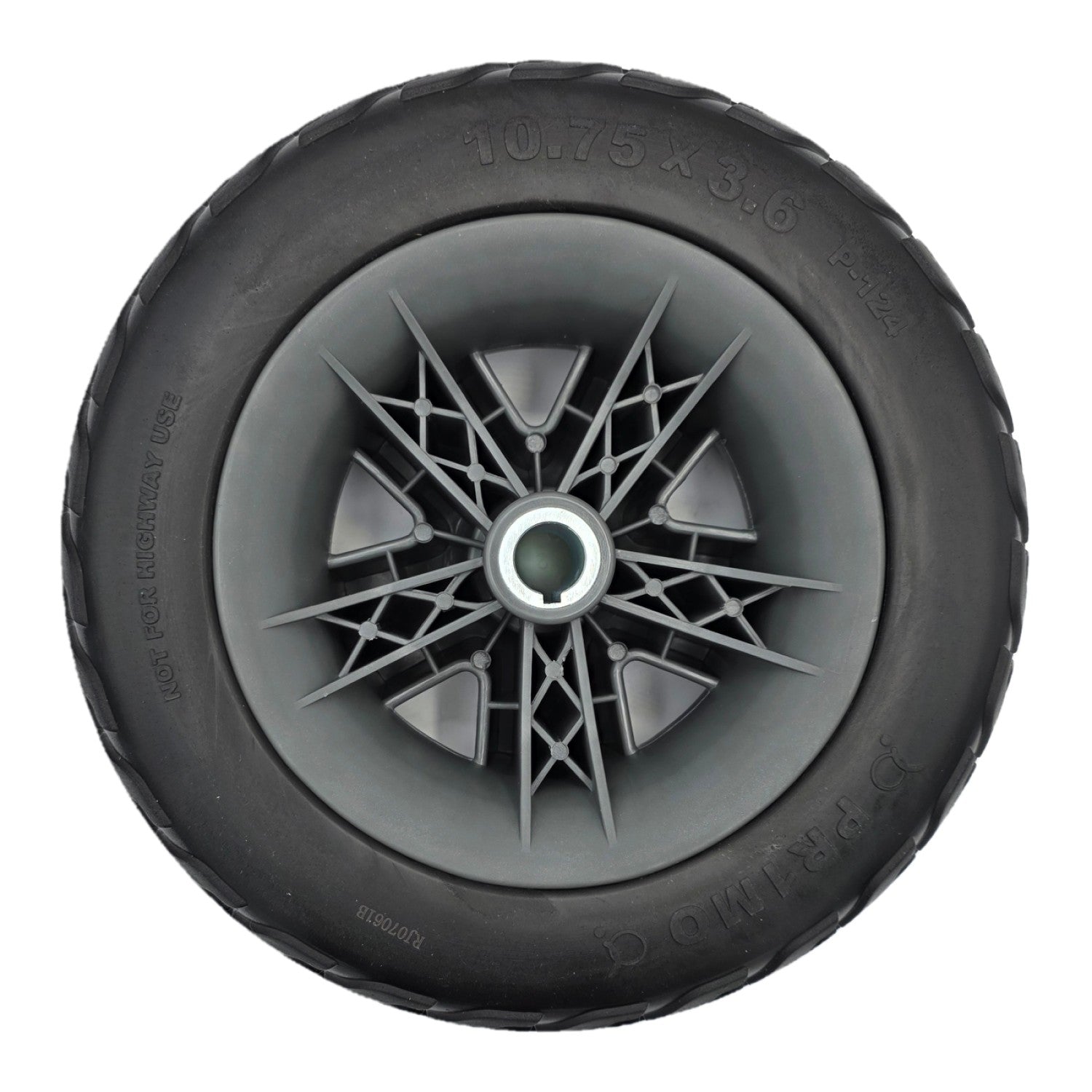 Back view of the replacement 10.75 x 3.6 in. Rear Drive Wheel For Pride Victory 10.2 and Victory LX Sport Mobility Scooter showing the black Pr1mo tire and P-124 tread
