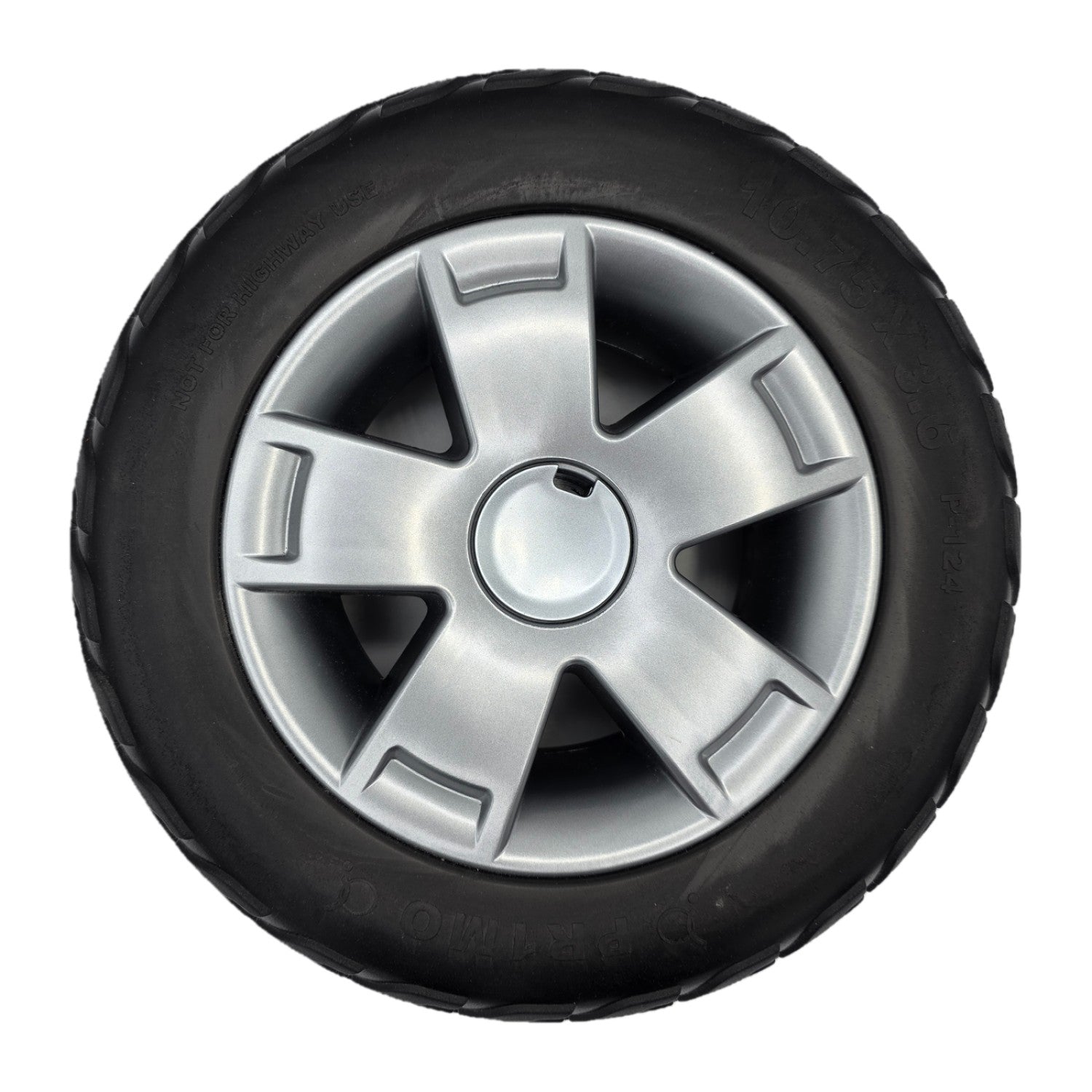 Top view of the replacement 10.75 x 3.6 in. Rear Drive Wheel For Pride Victory 10.2 and Victory LX Sport Mobility Scooter features a black Pr1mo tire, silver spoke rim and comes assembled for easy installation.