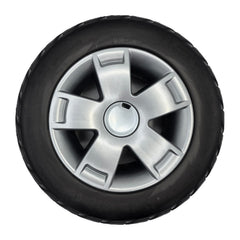 Top view of the replacement 10.75 x 3.6 in. Rear Drive Wheel For Pride Victory 10.2 and Victory LX Sport Mobility Scooter features a black Pr1mo tire, silver spoke rim and comes assembled for easy installation.