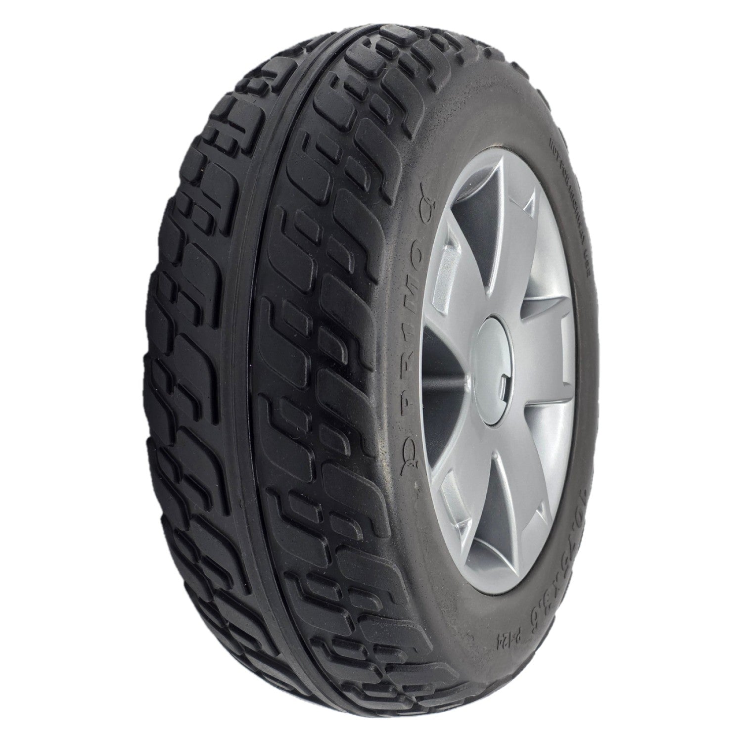 The replacement 10.75 x 3.6 in. Rear Drive Wheel For Pride Victory 10.2 and Victory LX Sport Mobility Scooter features a black Pr1mo tire, dark silver spoke rim and comes assembled for easy installation.