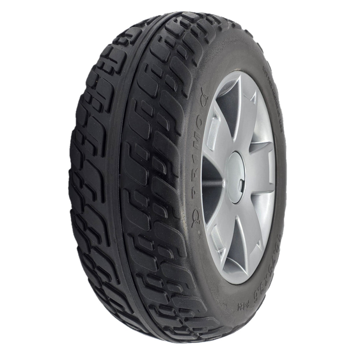 The replacement 10.75 x 3.6 in. Rear Drive Wheel For Pride Victory 10.2 and Victory LX Sport Mobility Scooter features a black Pr1mo tire, dark silver spoke rim and comes assembled for easy installation.