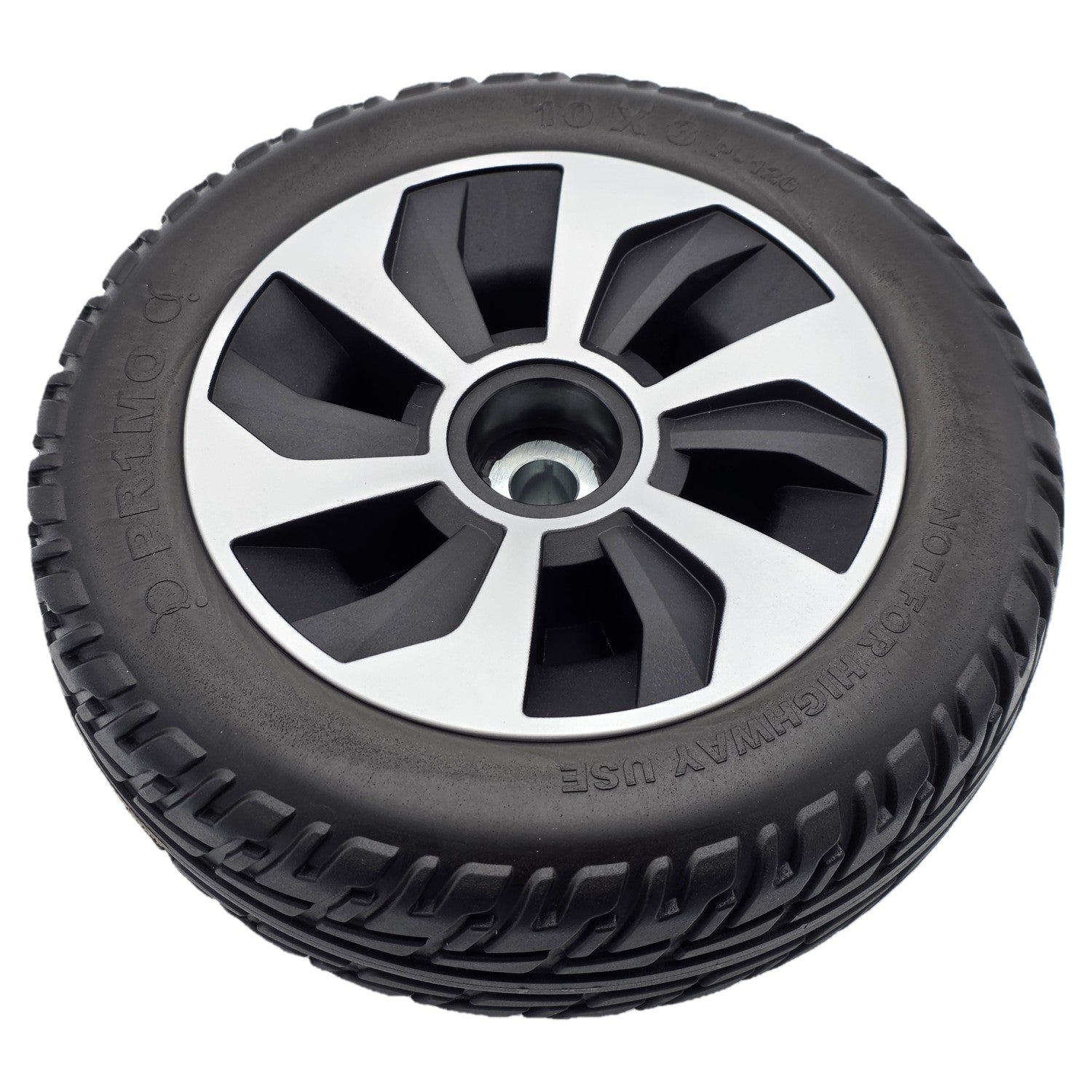 Angled view of the replacement black 10x3 drive wheel assembly for Pride Jazzy Air 2 and Jazzy Air MED power wheelchairs. Pr1mo P-126 non-marking tire, spoke rim, fully assembled.