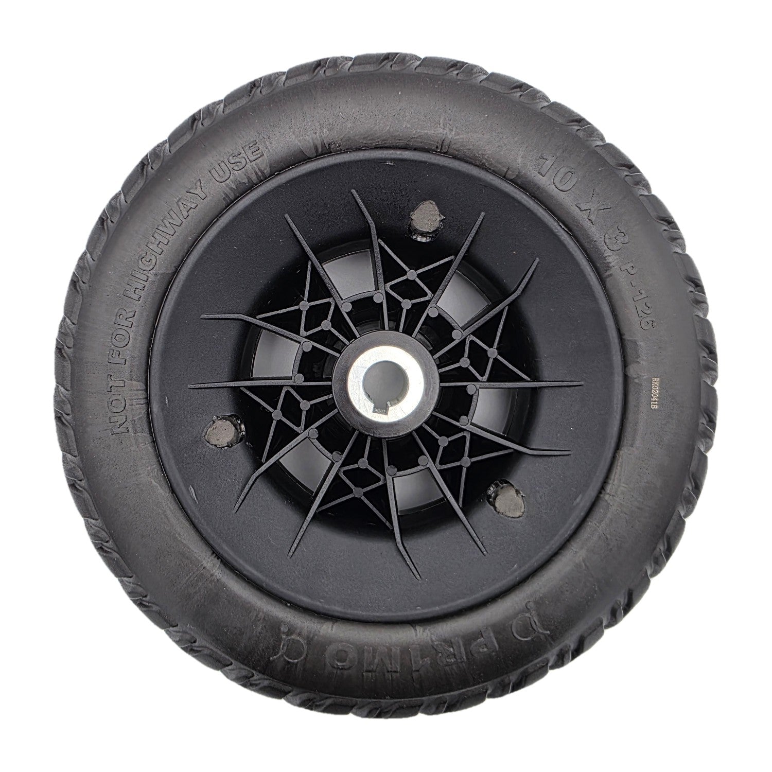 Back view of the 10x3 drive wheel assembly for Pride Jazzy Air 2 and Jazzy Air MED power wheelchairs. Pr1mo P-126 non-marking tire, spoke rim, fully assembled.