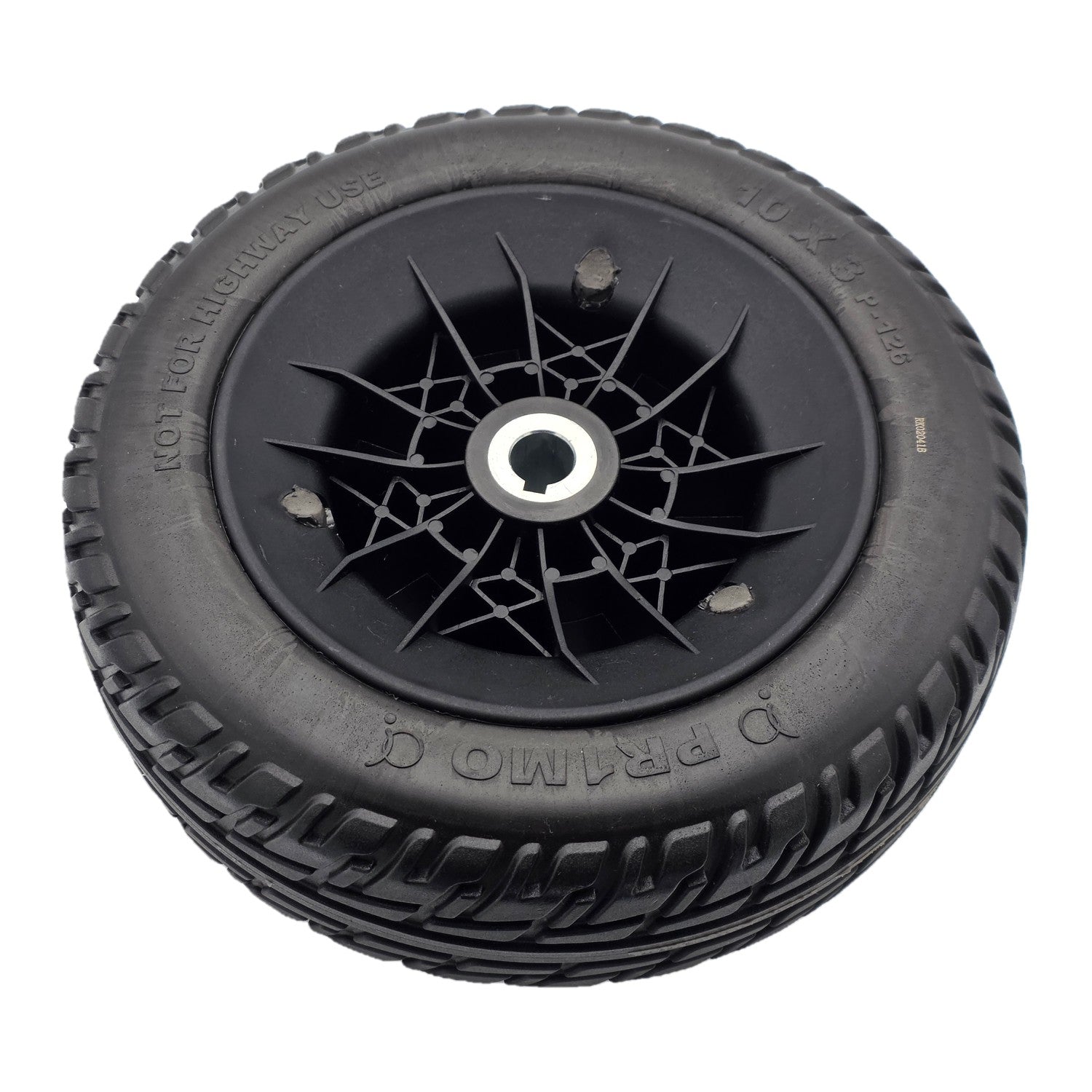 Close up view of the black 10x3 drive wheel assembly for Pride Jazzy Air 2 and Jazzy Air MED power wheelchairs. Pr1mo P-126 non-marking tire, spoke rim, fully assembled.