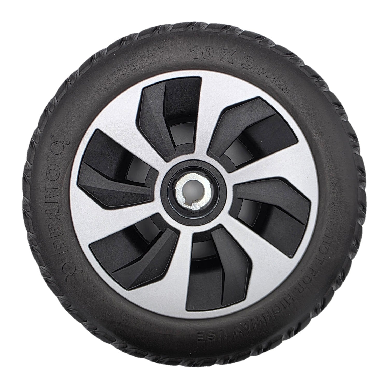Top view of the 10x3 drive wheel assembly for Pride Jazzy Air 2 and Jazzy Air MED power wheelchairs. Pr1mo P-126 non-marking tire, spoke rim, fully assembled.