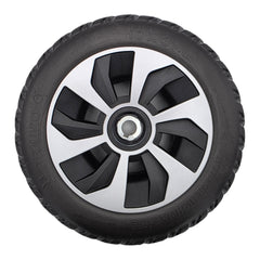 Top view of the 10x3 drive wheel assembly for Pride Jazzy Air 2 and Jazzy Air MED power wheelchairs. Pr1mo P-126 non-marking tire, spoke rim, fully assembled.