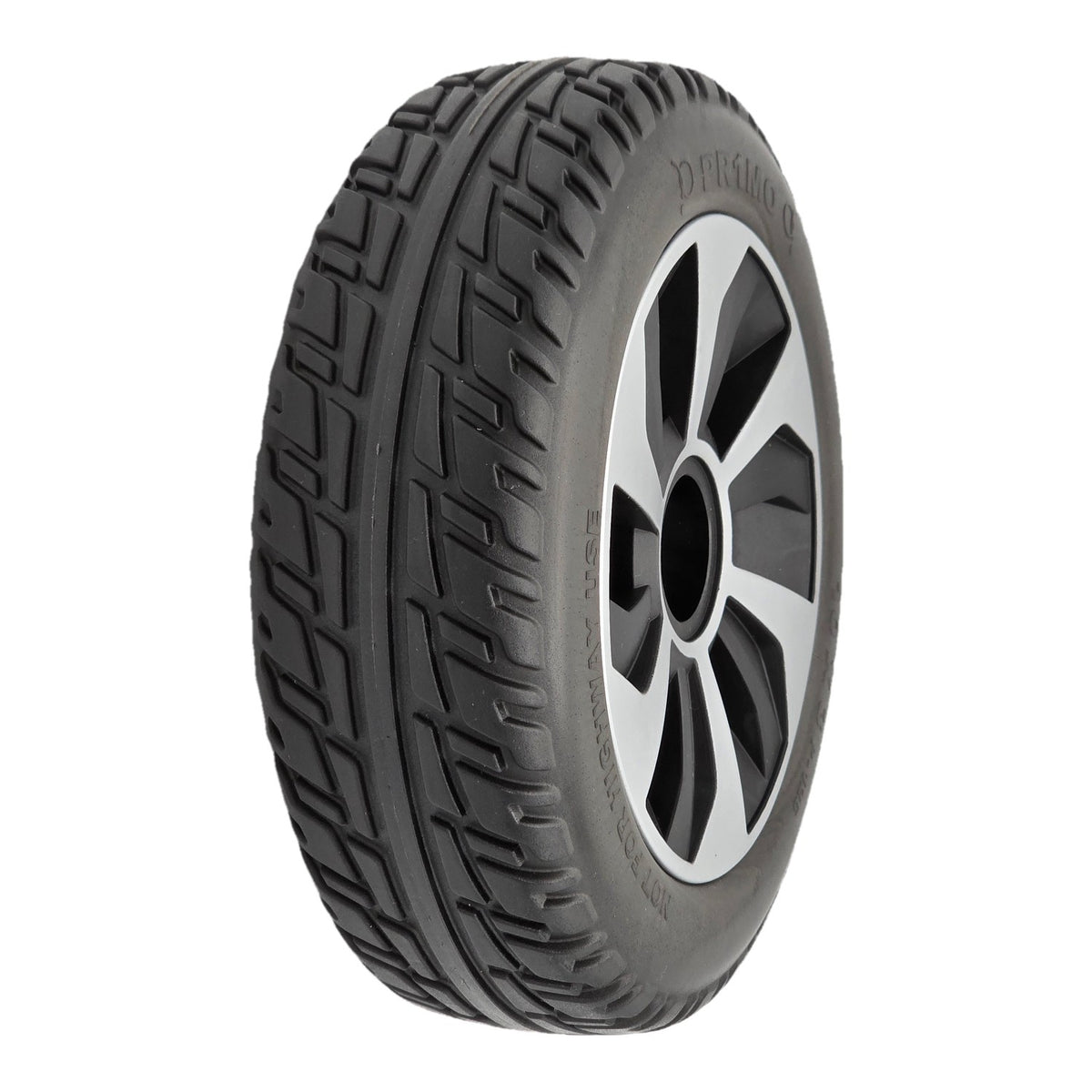 10x3 drive wheel assembly for Pride Jazzy Air 2 and Jazzy Air MED power wheelchairs. Pr1mo P-126 non-marking tire, spoke rim, fully assembled.