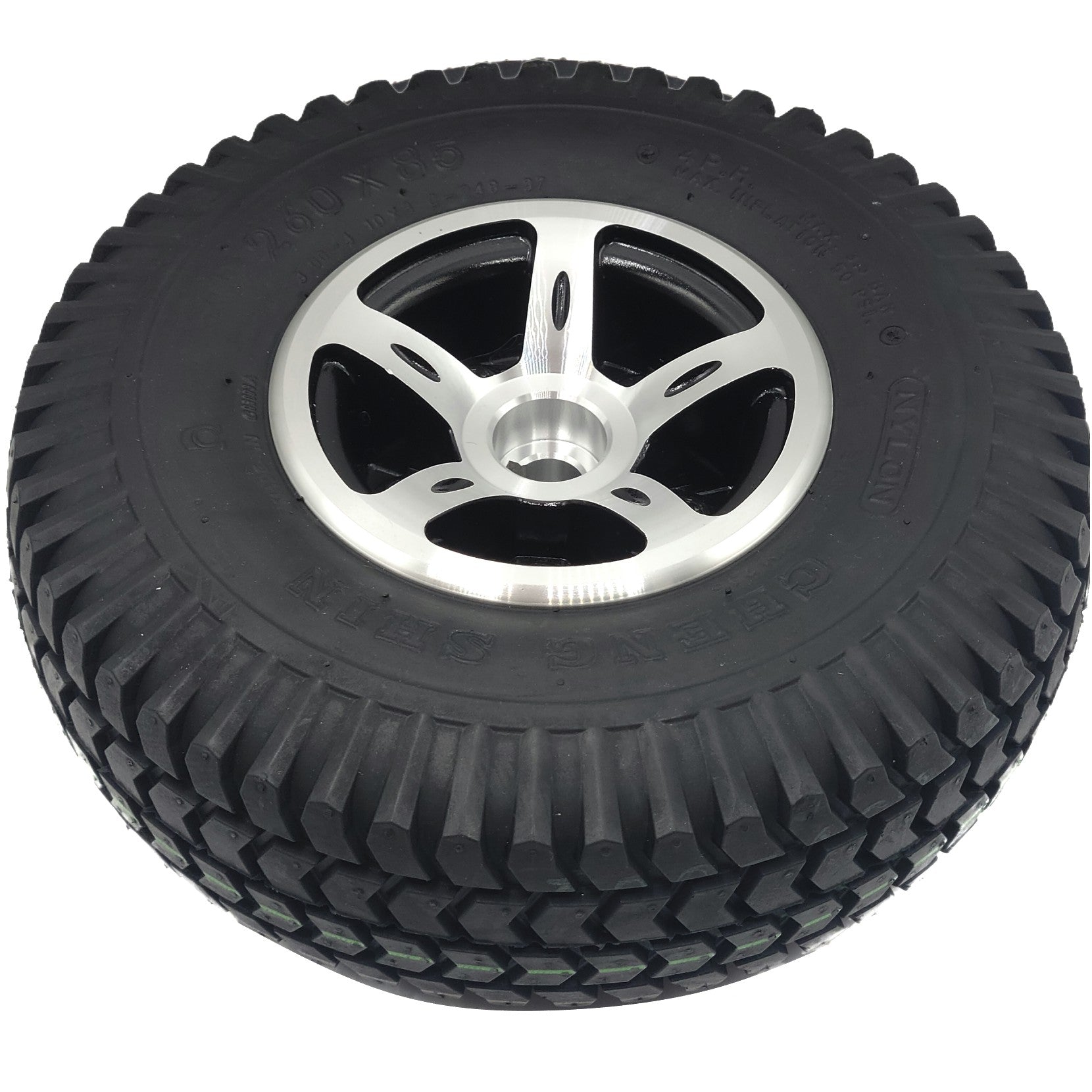 Close up view of the 10 x 3 in Drive Wheel for the Merits Vision Sport showing silver rim with black accents