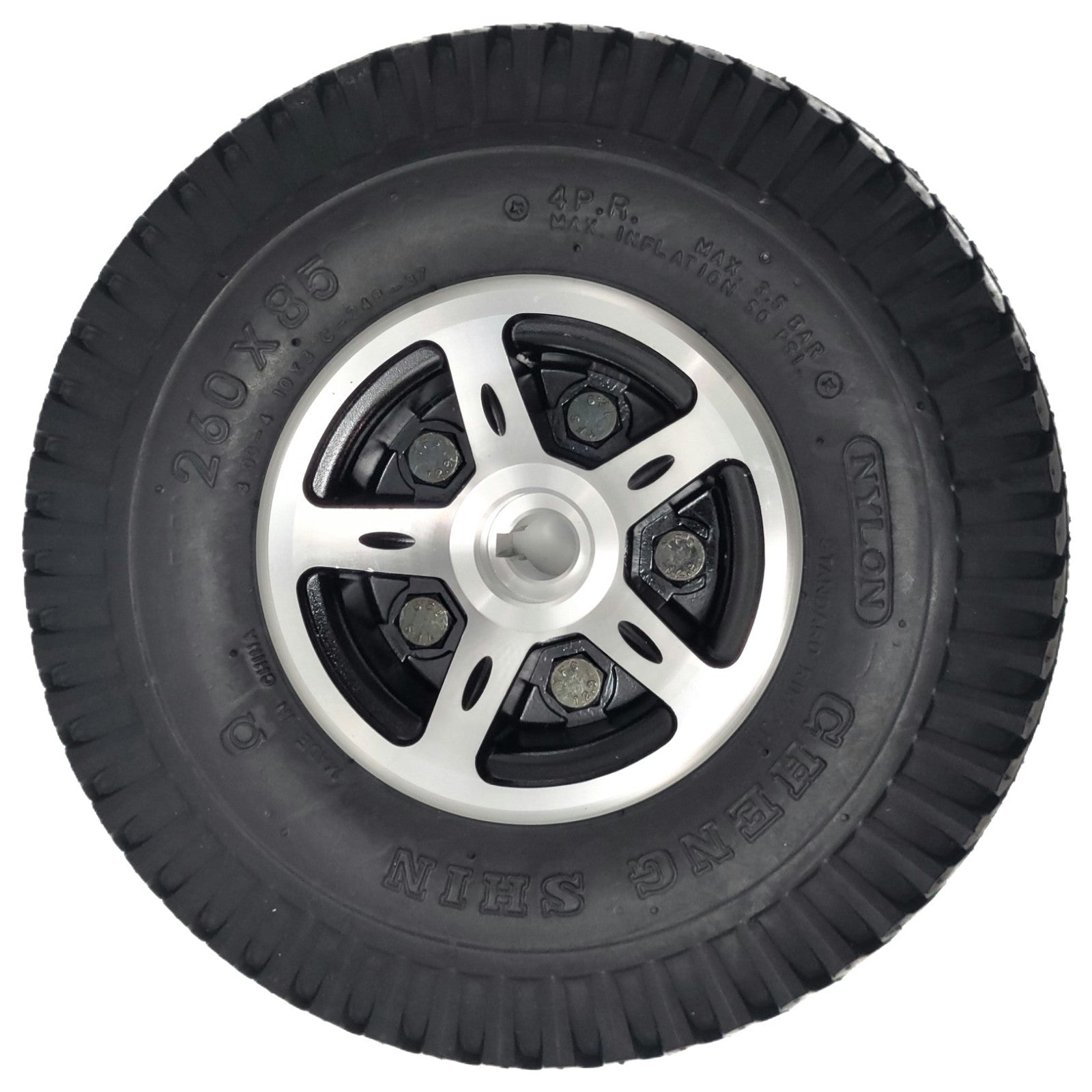 Front view of the 10 x 3 in (3.00-4, 260x85) Drive Wheel for the Merits Vision Sport, Dualer (P310), and Merits Regal (P310)