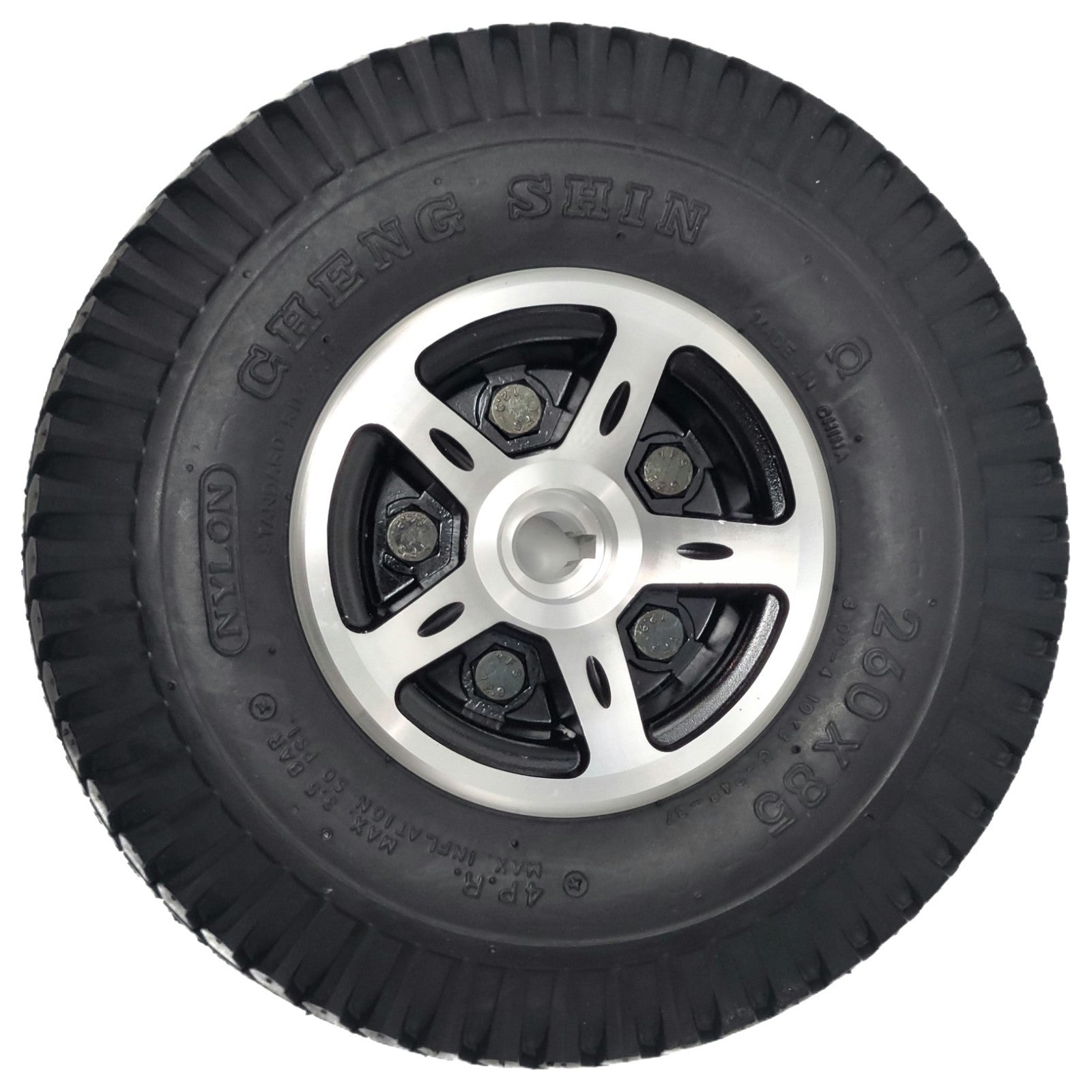 Front view of the 10 x 3 in (3.00-4, 260x85) Drive Wheel in black for the Merits Vision Sport, Dualer (P310), and Merits Regal (P310)
