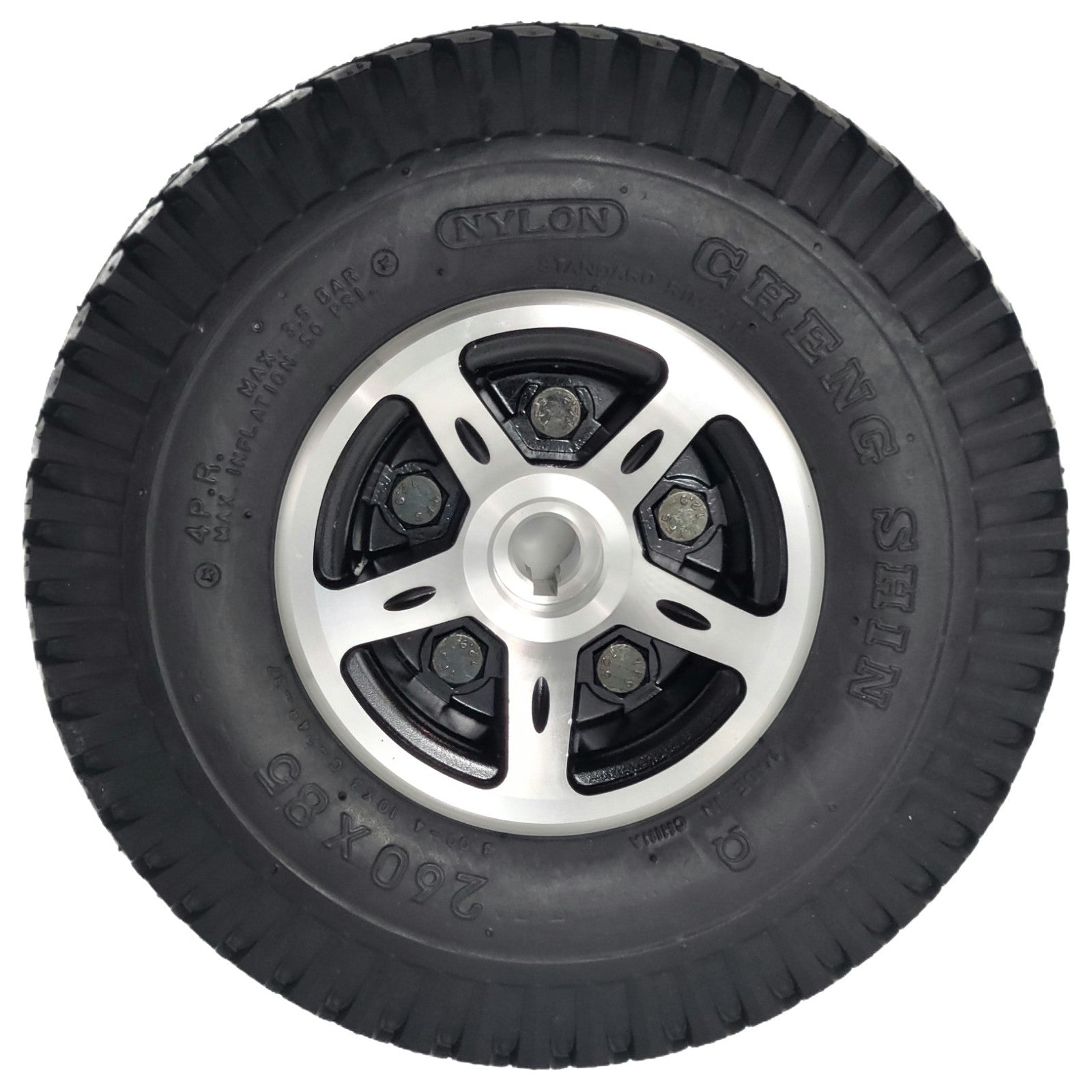 Front view of the 10 x 3 in (3.00-4, 260x85) Drive Wheel in black for the Merits Vision Sport, Dualer (P310), and Merits Regal (P310)
