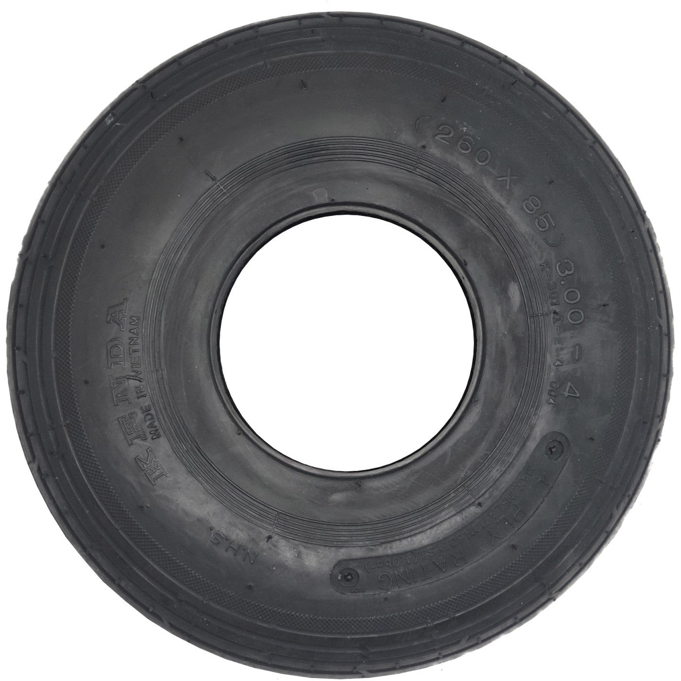 Side view of the 10 x 3 in. (3.00-4) Kenda Ribbed Wheelchair / Scooter Tire in Black for mobility chairs