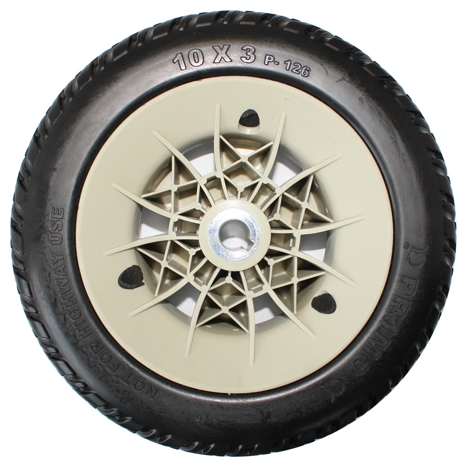 The 10 x 3 in. Primo Drive Wheel For The Jazzy Select and Select 6 showing hub with 6 spoke rim. Pr1mo 10x3 p-126