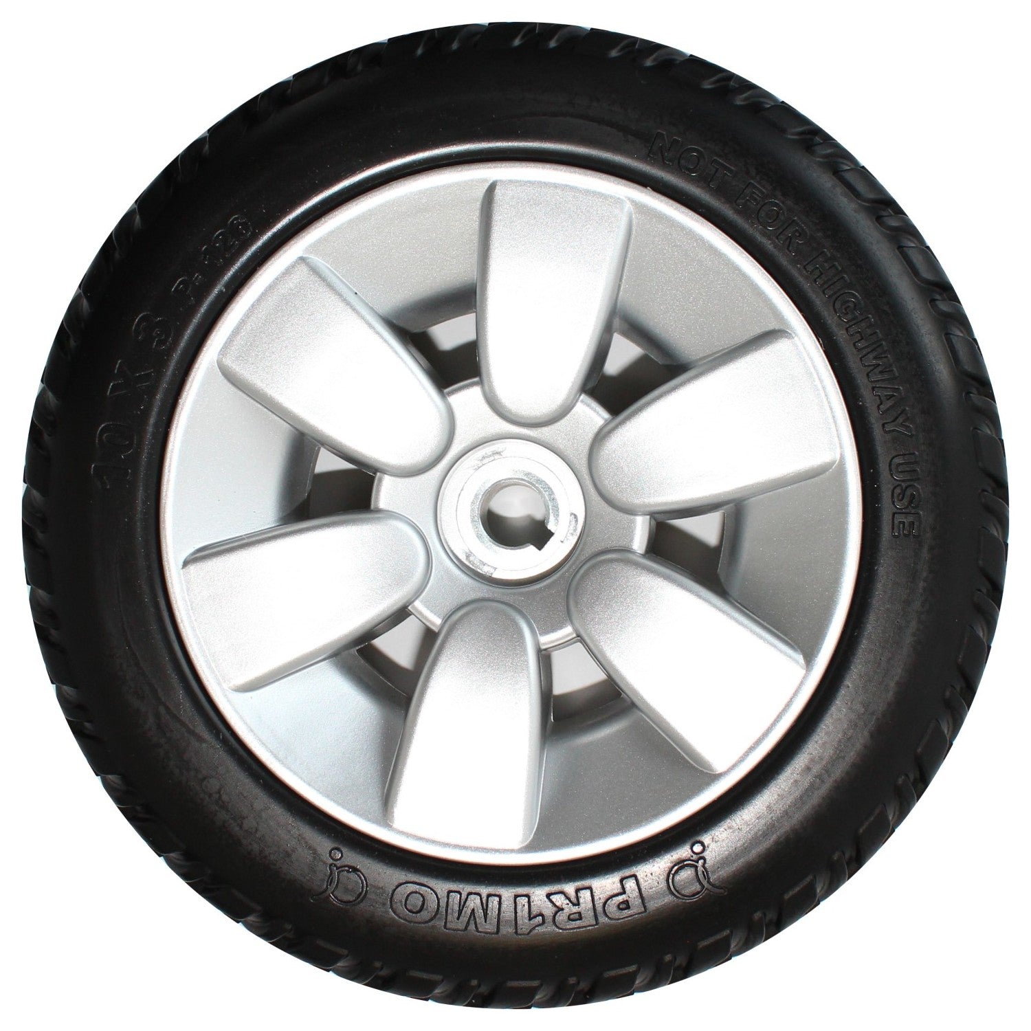 The 10 x 3 in. Primo Drive Wheel For The Jazzy Select and Select 6 showing black tire on silver 6 spoke rim. Pr1mo 10x3 p-126