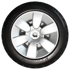 The 10 x 3 in. Primo Drive Wheel For The Jazzy Select and Select 6 showing black tire on silver 6 spoke rim. Pr1mo 10x3 p-126