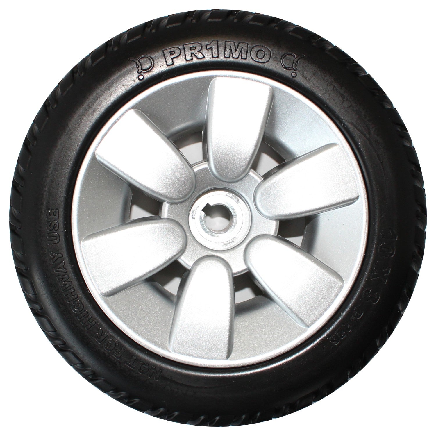 The 10 x 3 in. Primo Drive Wheel For The Jazzy Select and Select 6 showing black tire on silver 6 spoke rim. Pr1mo 10x3 p-126