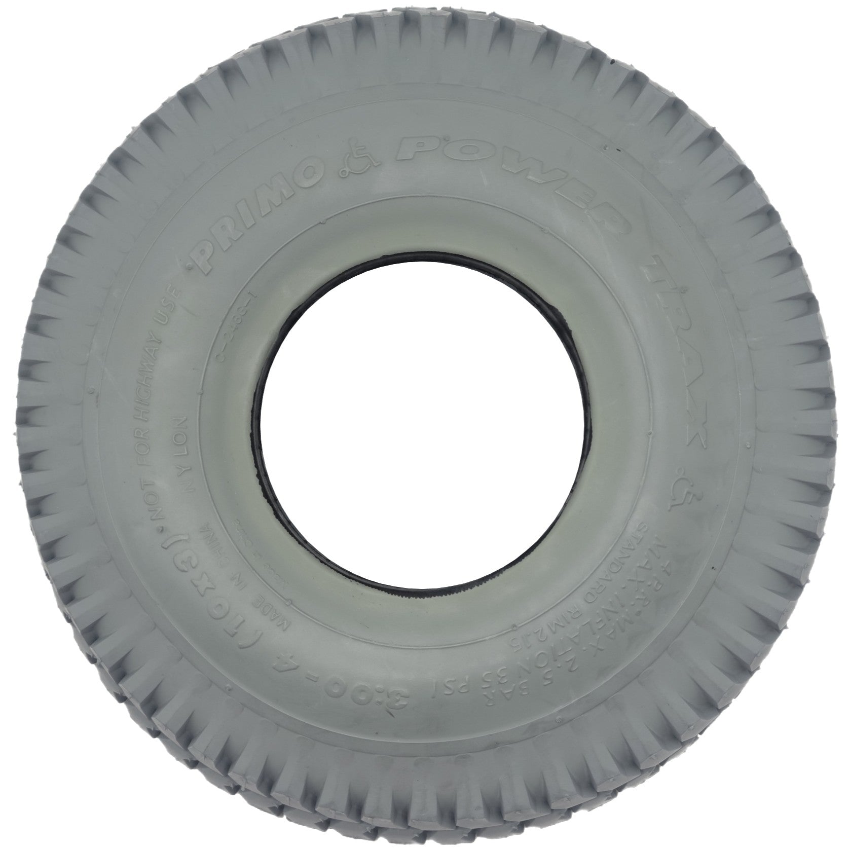Side view of 10 x 3 in. (3.00-4) Primo Powertrax Wheelchair and Scooter Tire number showing C-248G, standard rim 2.15, and Nylon markings
