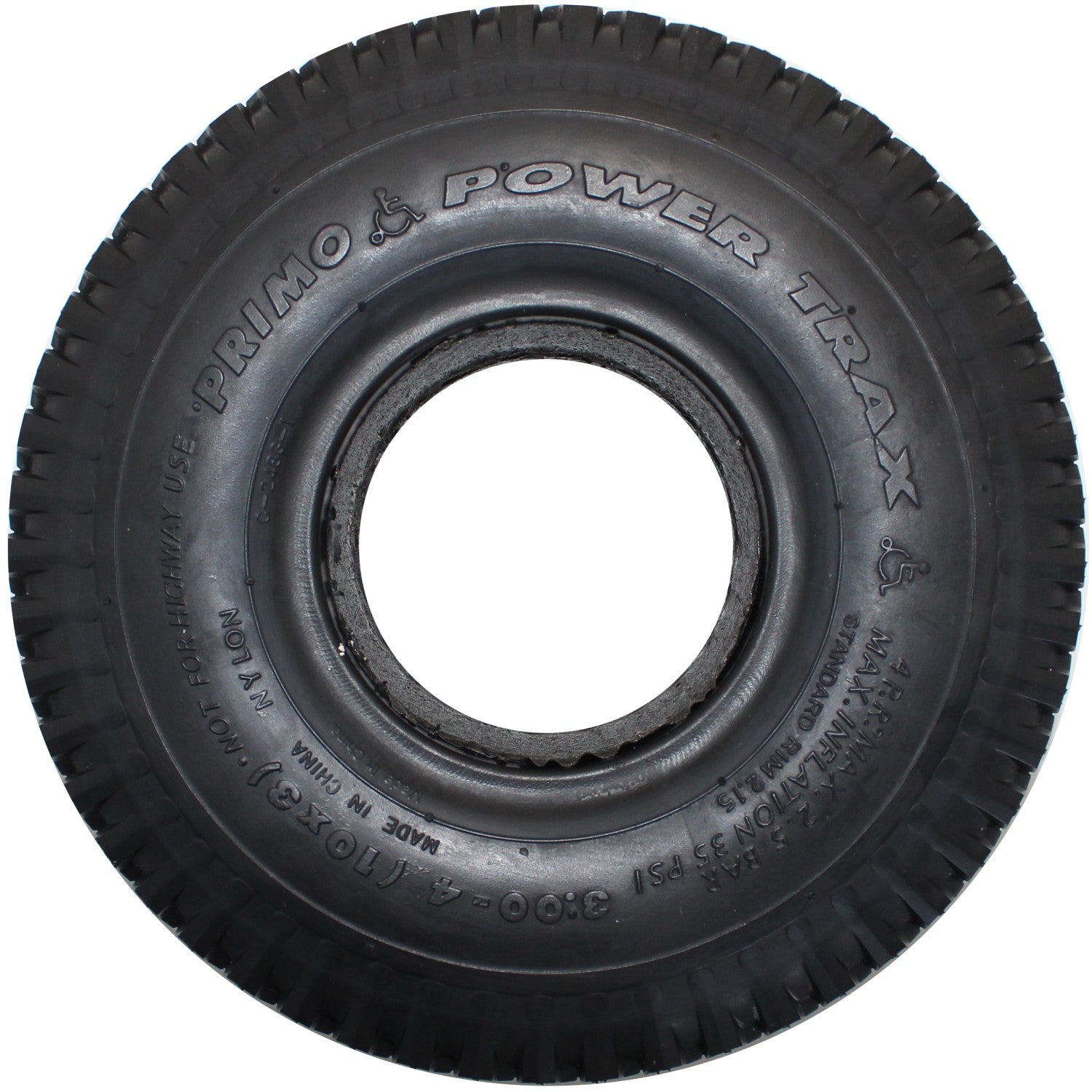 10 x 3 in. (3.00-4) Primo Powertrax Foam Filled Wheelchair and Scooter Tire - Side view black tire shown