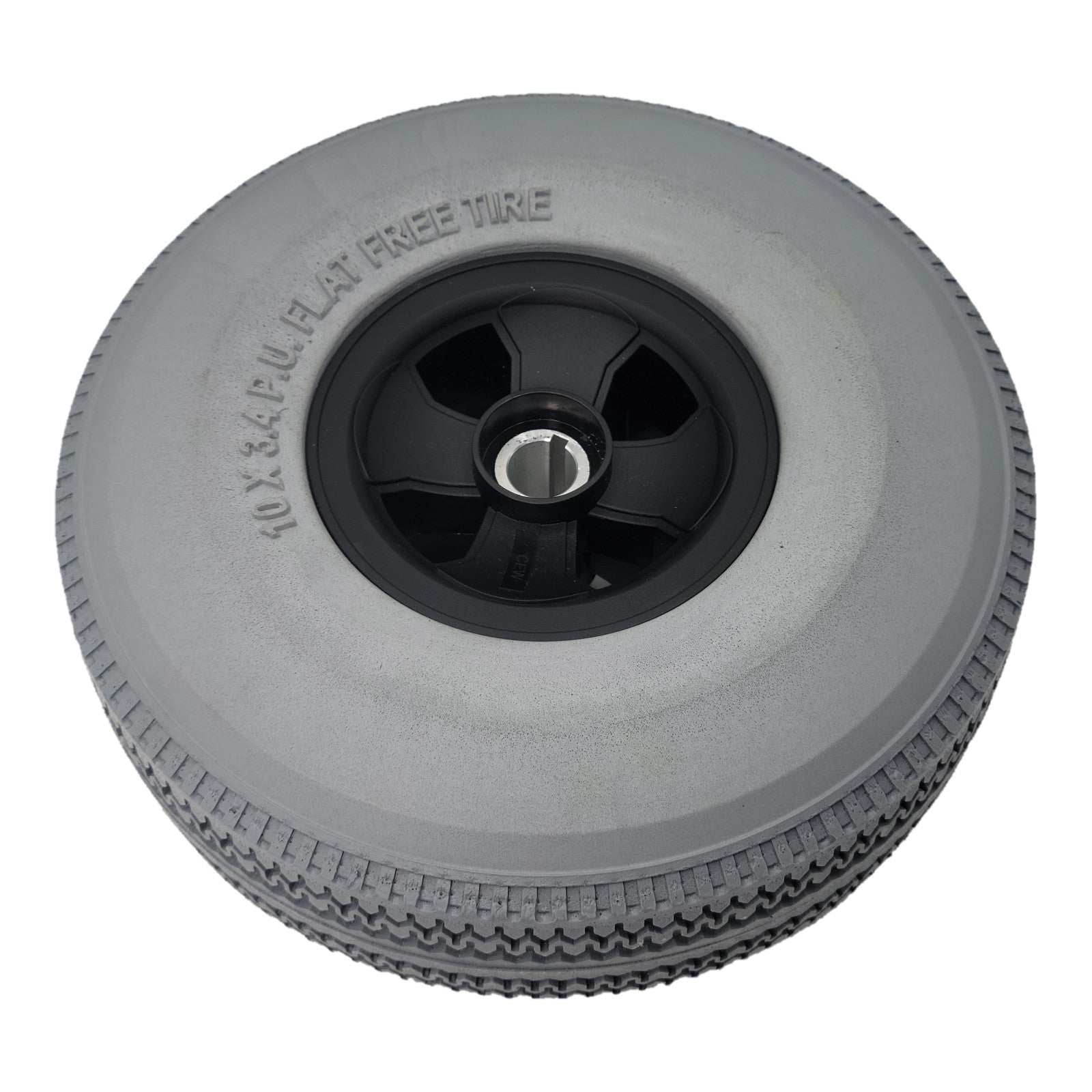 Angled view of the 10x3.4 P.U. Flat Free Tire for Hoveround Teknique XHD Power Wheelchair. Drive wheel Part number DWH1334