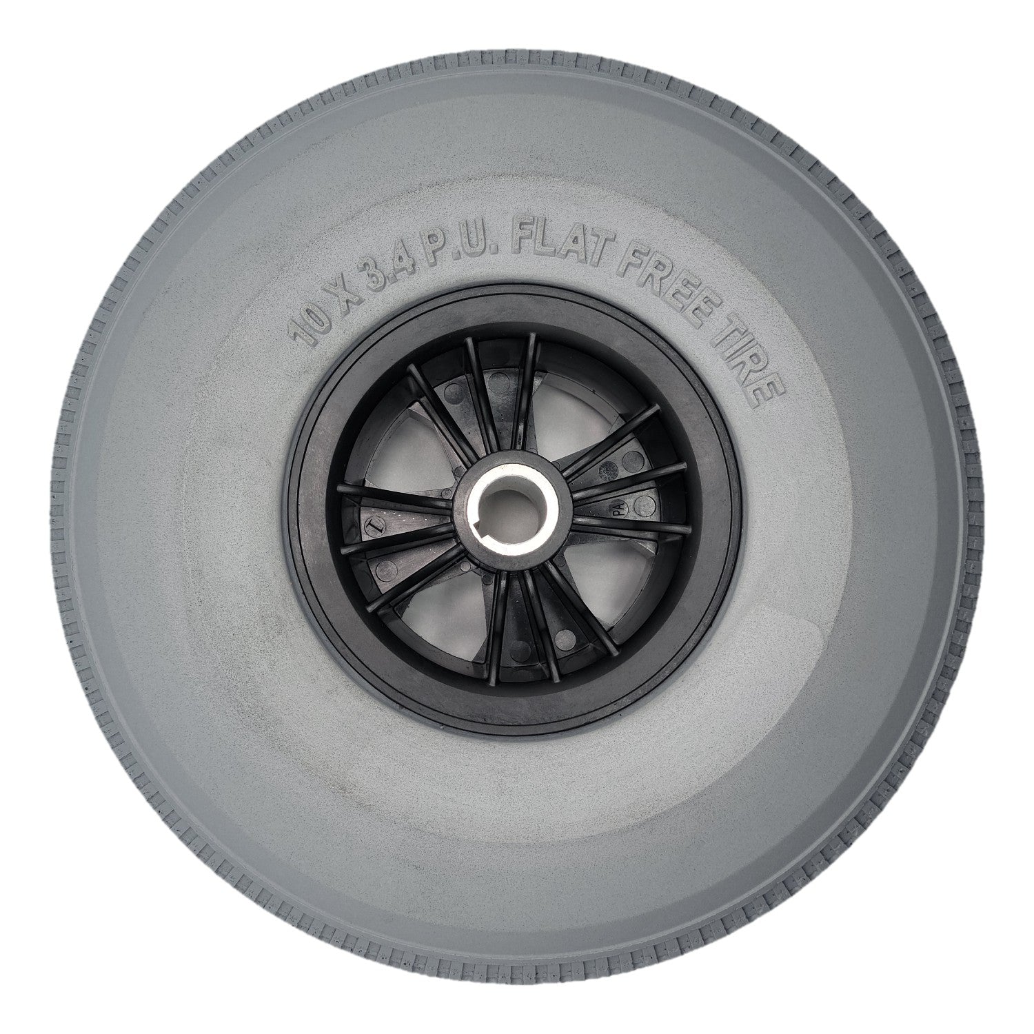 Side view of the 10x3.4 P.U. Flat Free Tire for Hoveround Teknique XHD Power Wheelchair. Drive wheel Part number DWH1334