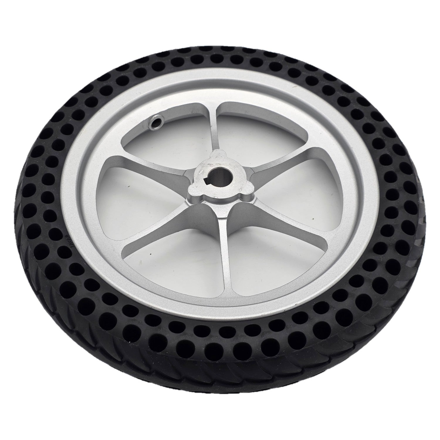 Back view of the replacement 11.25 inch black rear drive wheel assembly for Pride Jazzy Passport power chair with silver spoke rim