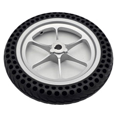 Back view of the replacement 11.25 inch black rear drive wheel assembly for Pride Jazzy Passport power chair with silver spoke rim