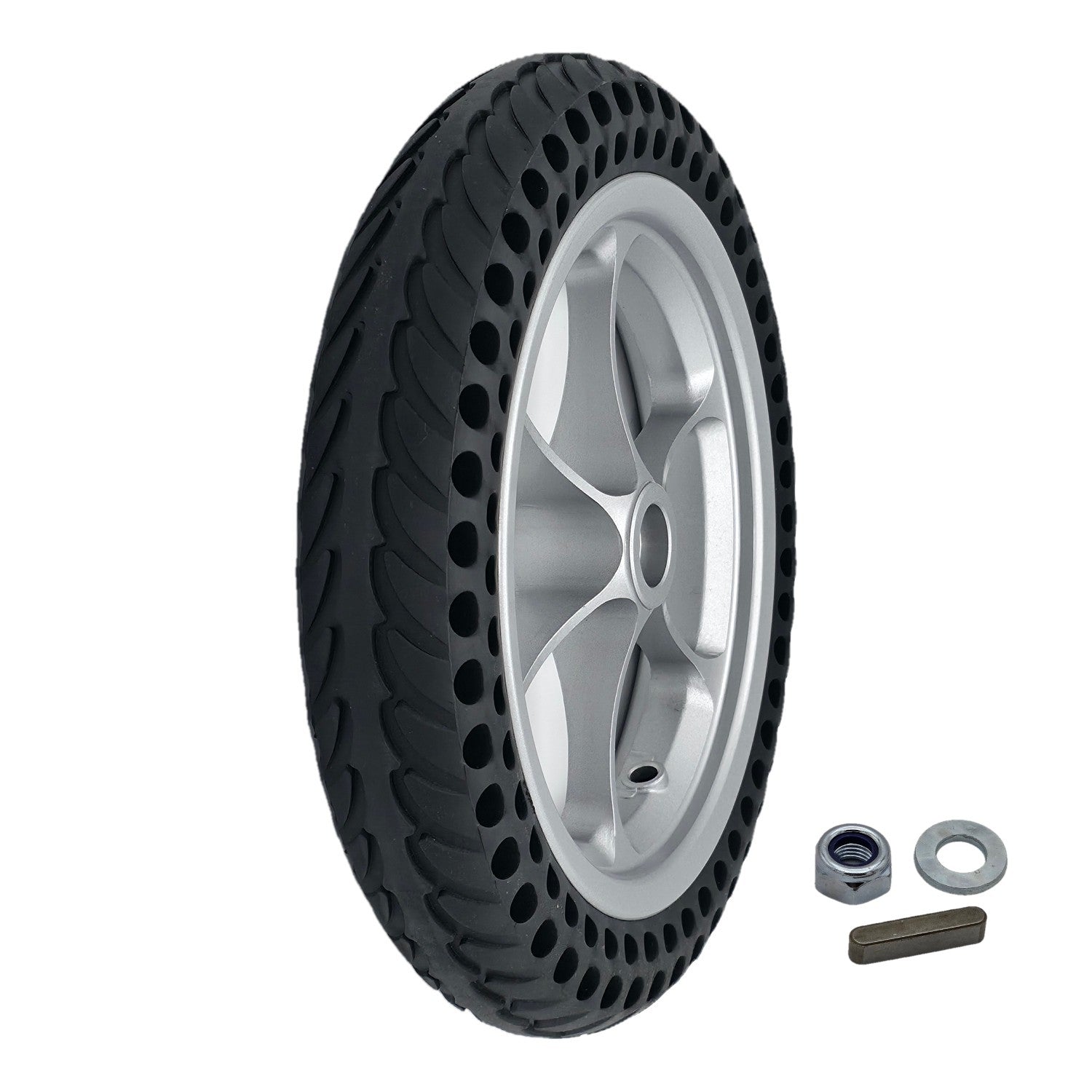 Close up view of the replacement 11.25 inch black rear drive wheel assembly for Pride Jazzy Passport power chair with silver spoke rim shown with mounting hardware