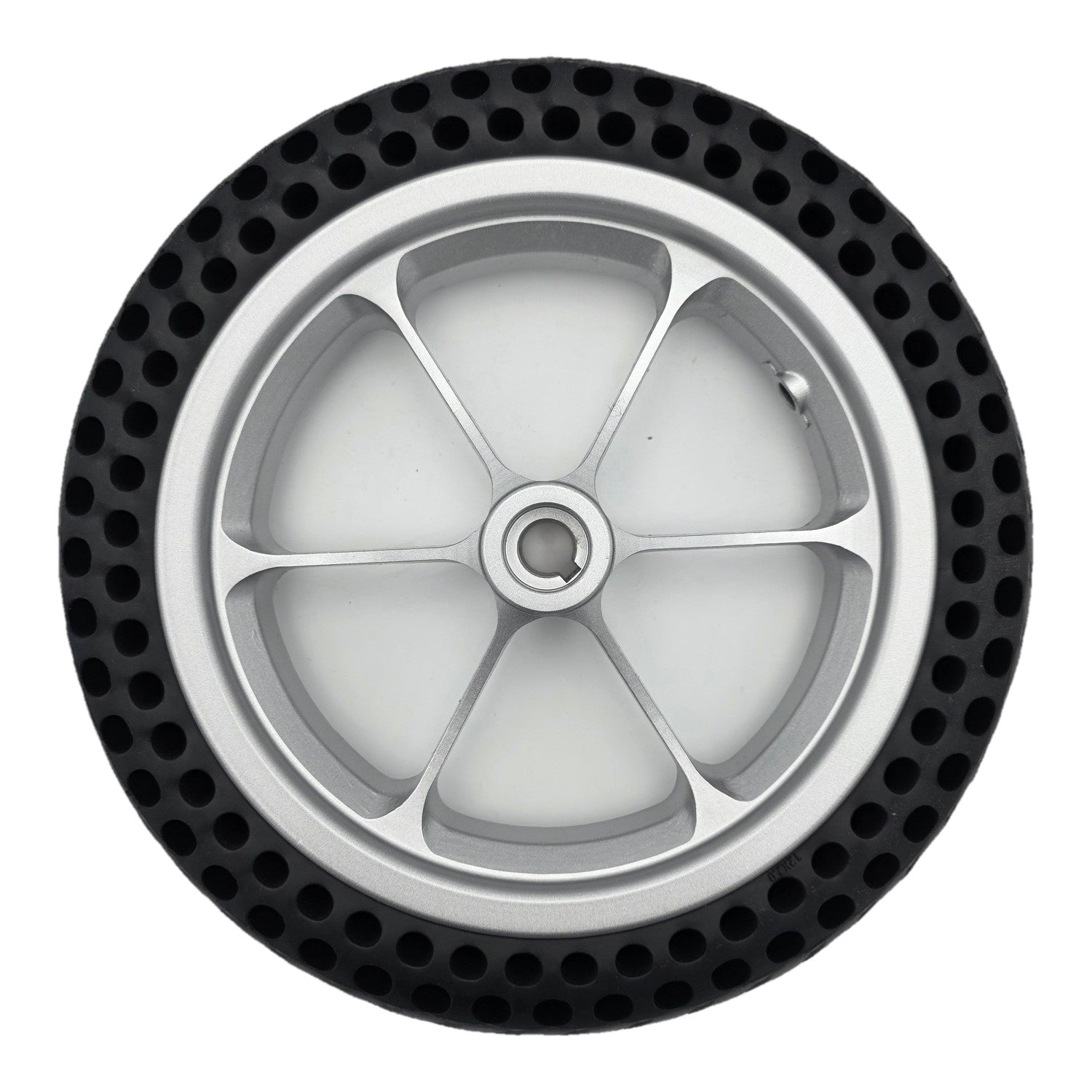 Top view of the replacement 11.25 inch rear drive wheel assembly for Pride Jazzy Passport power chair with silver spoke rim showing 12x2.0 marking