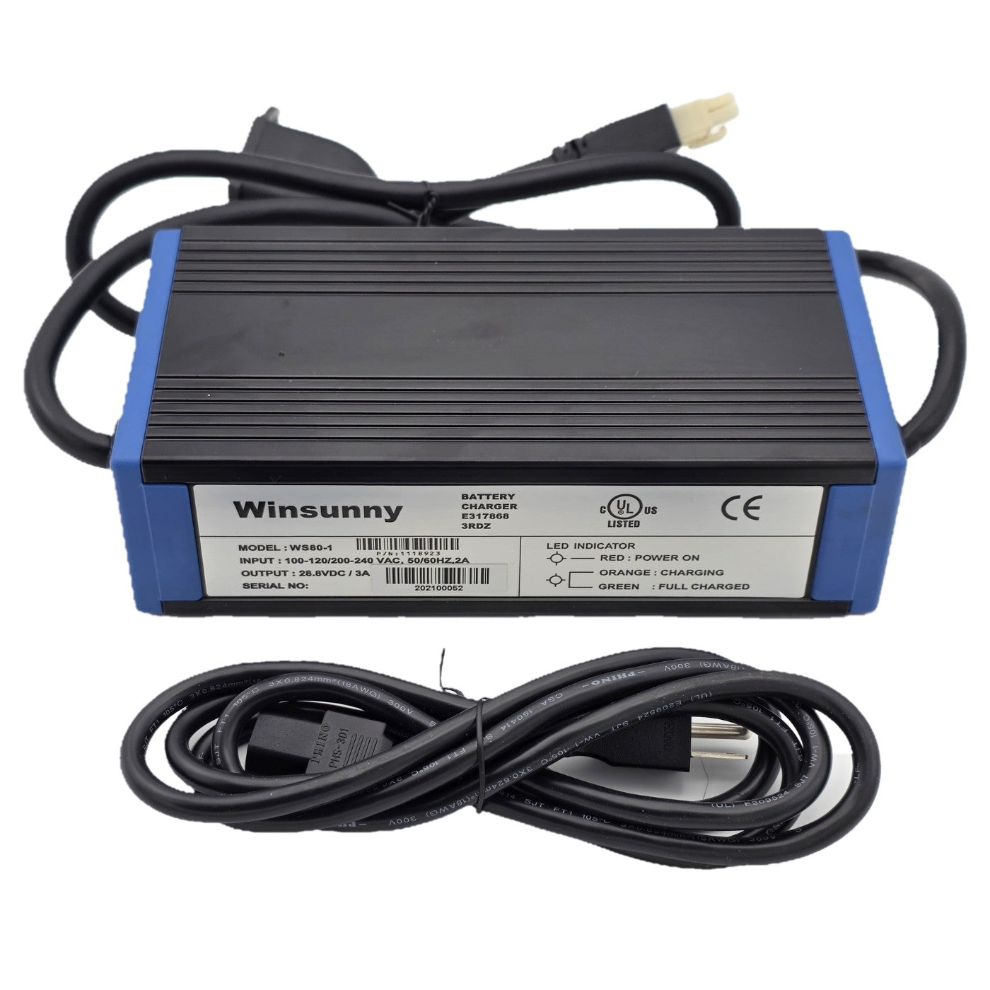The 24V Winsunny 3A Onboard Battery Charger for Invacare Pronto Power Chairs (Model WS80-1A) for Invacare wheelchairs needing the Invacare charger number 1118923.  Pronto M50, M51, M61, and M71 models