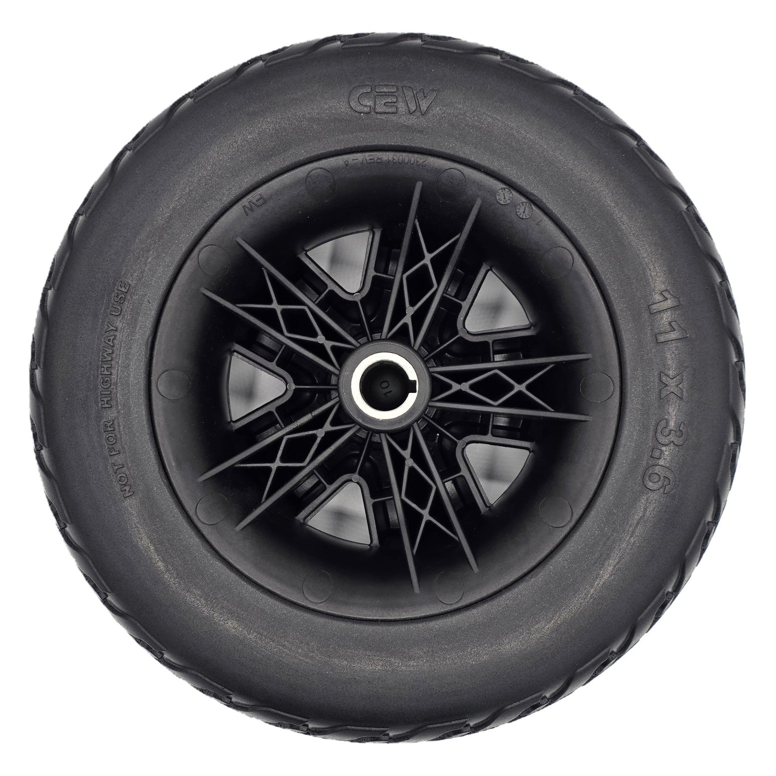 Back view of the 11x3.6 black Rear Drive Wheel Assembly for Pride Victory Platinum Electric Scooter. Left or right side rear drive wheels.