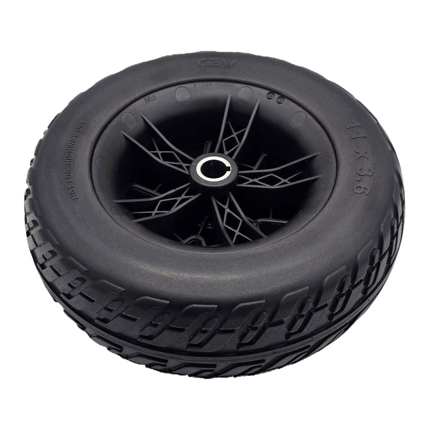 Back view of the 11x3.6 black Rear Drive Wheel Assembly for Pride Victory Platinum Electric Scooter. Left or right side rear drive wheels.