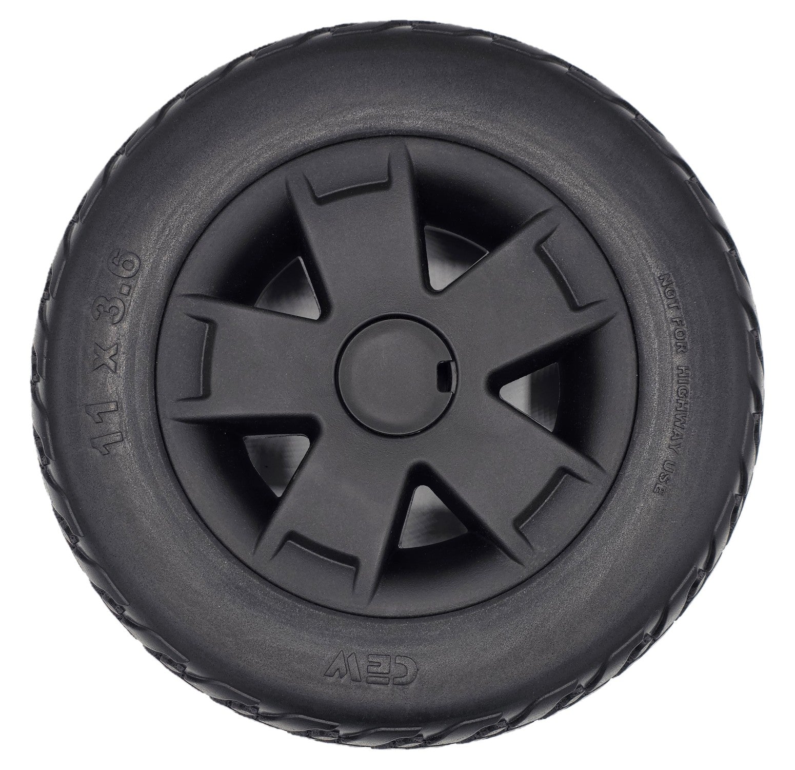 Front view of the 11x3.6 black Rear Drive Wheel Assembly for Pride Victory Platinum Electric Scooter. Left or right side rear drive wheels. Showing 5 spoke black rim.