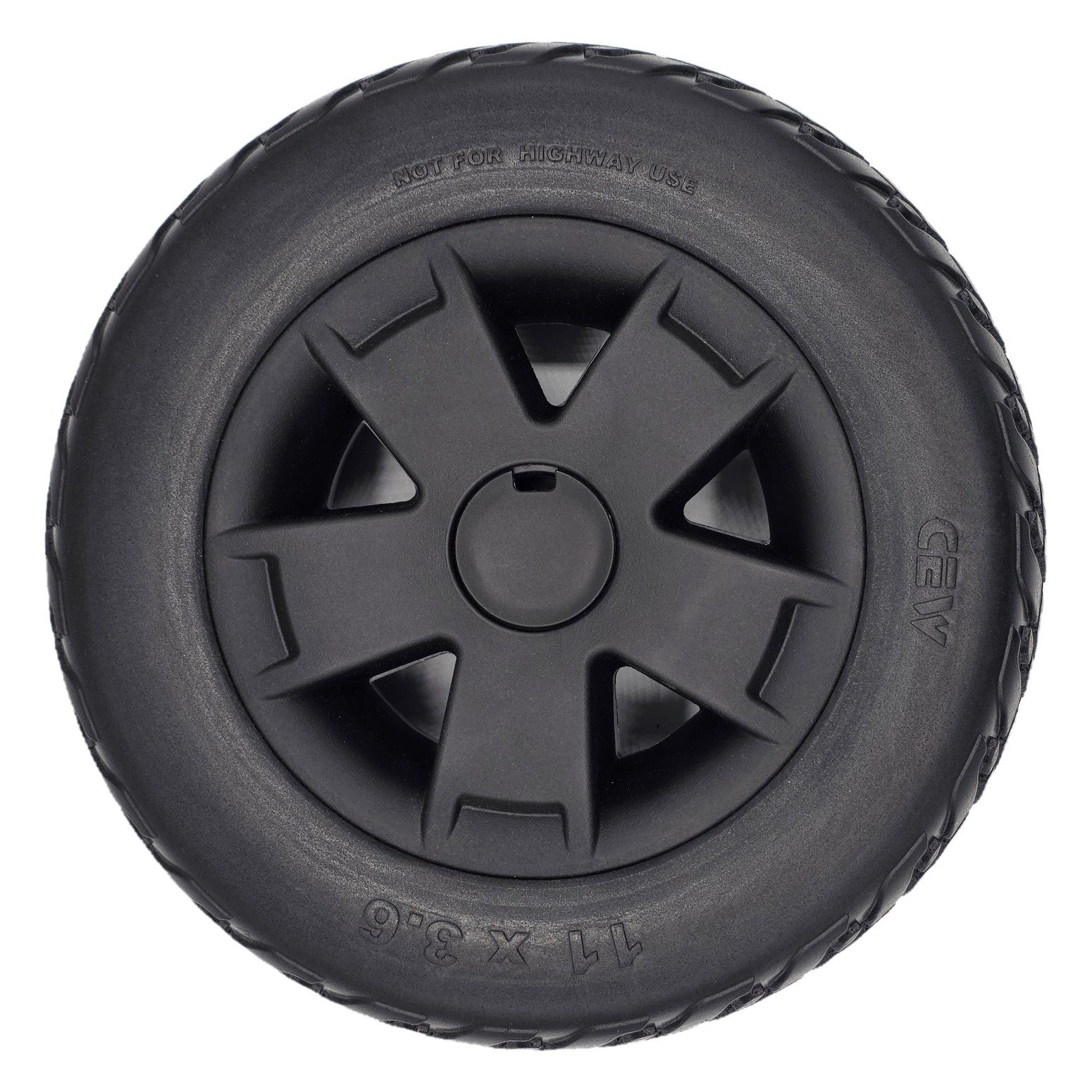 Front view of the 11 x 3.6 black Rear Drive Wheel Assembly for Pride Victory Platinum Electric Scooter. Left or right side rear drive wheels. Showing black 5 spoke rim and CEW not for highway use