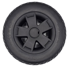 Front view of the 11x3.6 black Rear Drive Wheel Assembly for Pride Victory Platinum Electric Scooter. Left or right side rear drive wheels. Showing 5 spoke black rim.
