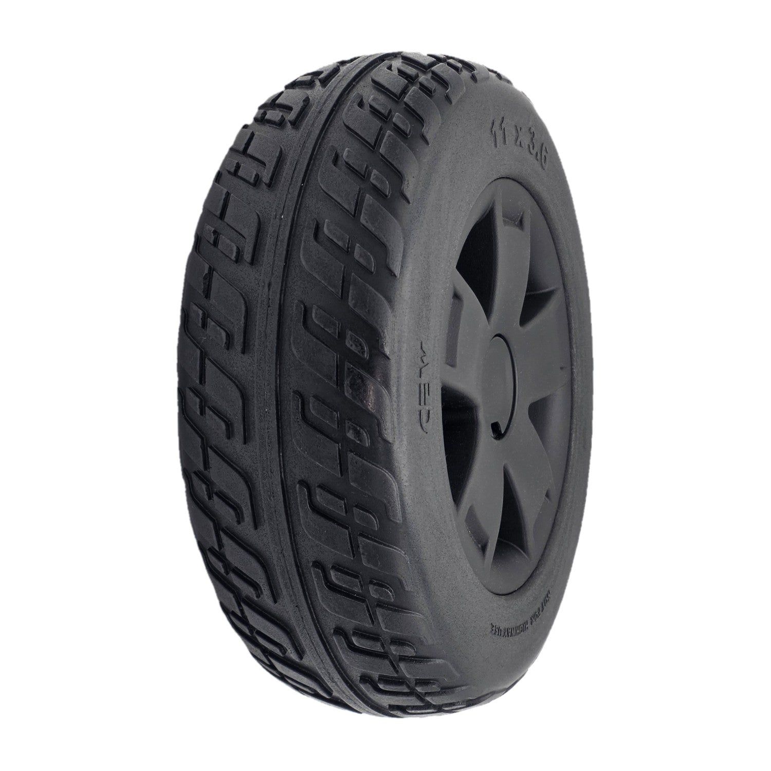 The 11x3.6 black Rear Drive Wheel Assembly for Pride Victory Platinum Electric Scooter. Fits the left or right side rear drive wheels.